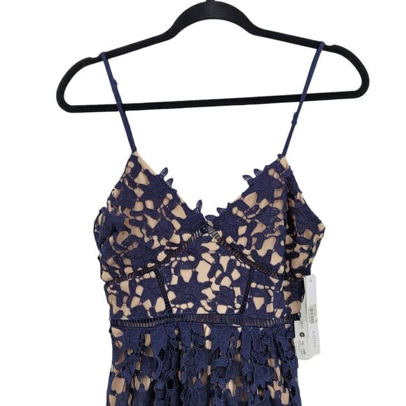 Aqua Bendita Lace Cami‎ Midi Dress S Navy Spaghetti Fit Flare Ladder Lace Bodice - Picture 7 of 13